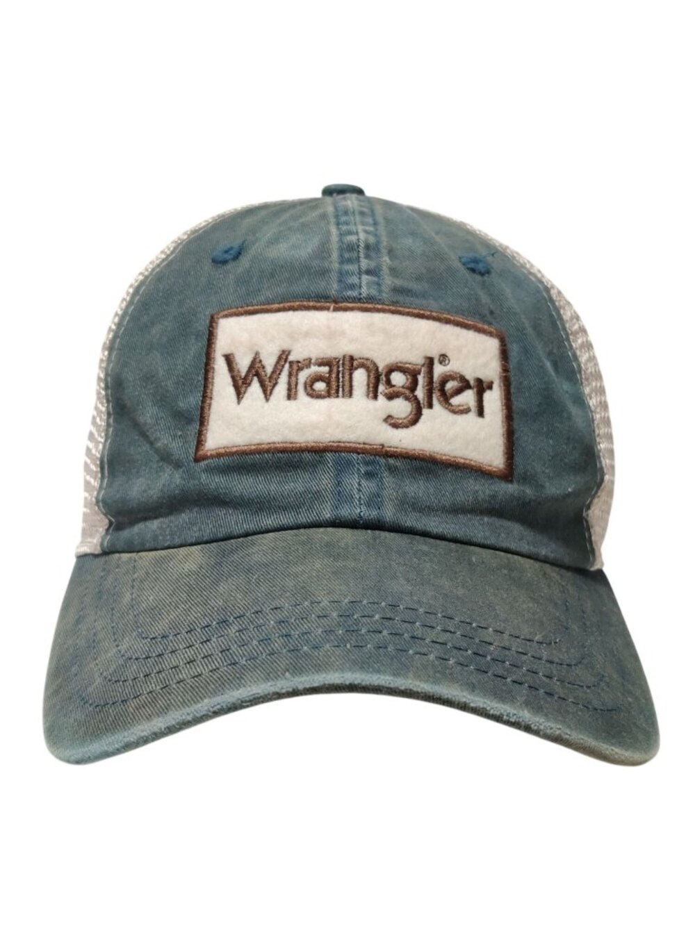 Wrangler Trucker Hat Distressed Blue Mesh Snapback Logo Patch Western Cap Rugged
